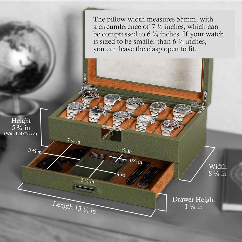 ROTHWELL 10-Slot Watch Box in Leather with Valet Drawer, Luxury Watch Case Display Organizer with Ultra Soft Microsuede Liner, Jewelry and Sunglass Holder With Large Glass top (Green/Tan) - Image 2
